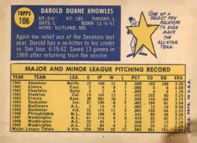 1970 Topps Darold Knowles baseball card featuring Washington Senators player