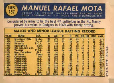 Baseball card showing Manny Mota Los Angeles Dodgers statistics from 1970 Topps #157