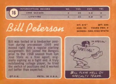 Vintage football trading card featuring 1970 Topps Bill Peterson Peterson trading card