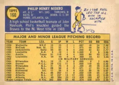 Vintage baseball card back featuring Phil Niekro from 1970 Topps series