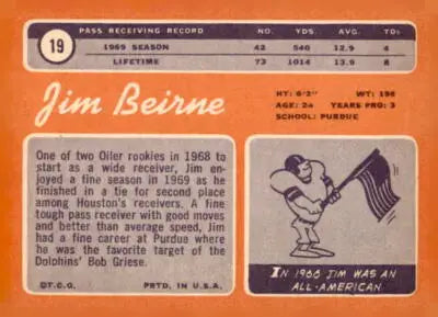 Jim Beirne football trading card from 1970 Topps #19, a valuable Jim Beirne trading card