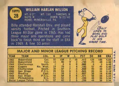 Vintage 1970 Topps Billy Wilson baseball card featuring Billy Wilson baseball player