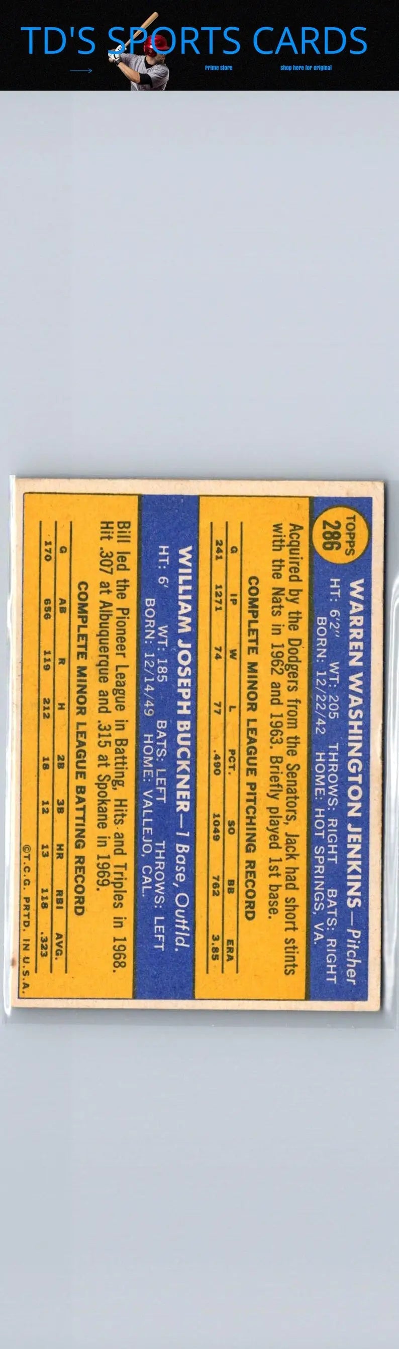 Vintage 1970 Topps trading card featuring Rookie Stars Jack Jenkins and Bill Buckner