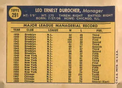 1970 Topps #291 Leo Durocher VG-EX Leo Durocher baseball card image