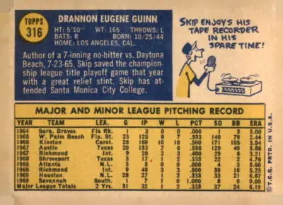 Vintage 1970 Topps Skip Guinn baseball card back showcasing classic Guinn baseball memorabilia