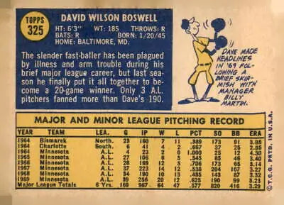 Vintage Dave Boswell baseball card back from 1970 Topps #325 featuring classic design