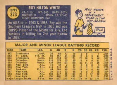 Vintage baseball card of Roy White from the York Yankees 1970 Topps #373