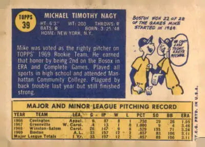 Vintage baseball card of Mike Nagy Boston Red Sox 1970 Topps #39