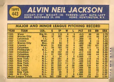 Vintage baseball card statistics for 1970 Topps #443 Al Jackson Cincinnati Reds