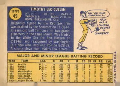 Vintage Tim Cullen baseball card from 1970 Topps #49 featuring Tim Cullen player