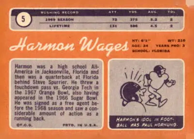 Vintage Harmon Wages trading card from 1970 Topps #5 showcasing Harmon Wages football card