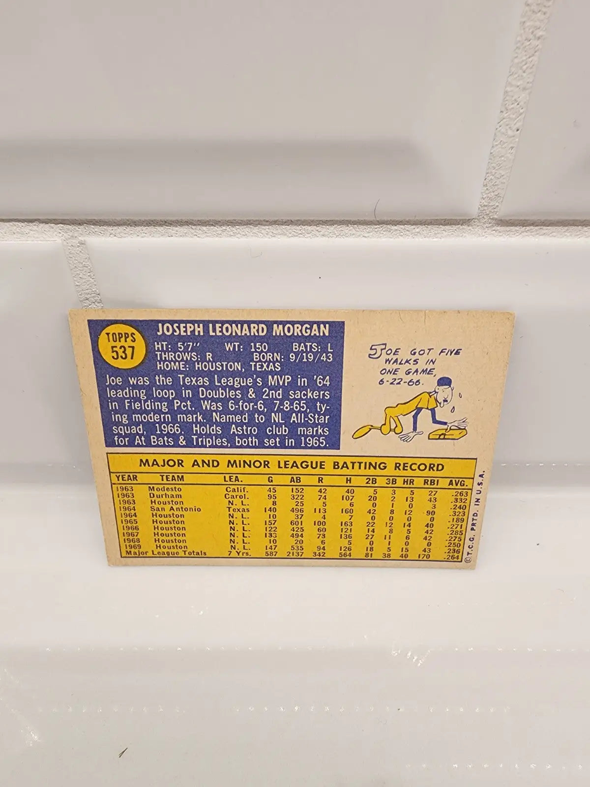 Vintage Baseball Card of Joe Morgan from 1970 Topps #537, a collectible trading card