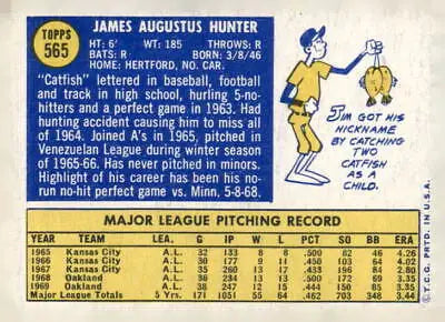 Vintage Jim Hunter baseball card back from 1970 Topps #565 showcasing Hunter baseball card design