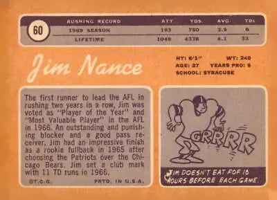 Vintage Jim Nance trading card from 1970 Topps #60 showing classic football memorabilia