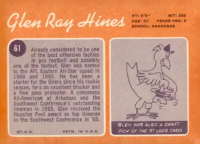 Vintage football card of Glen Ray Hines from 1970 Topps #61 featuring Ray Hines