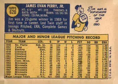 Vintage Jim Perry baseball card from 1970 Topps #620 Minnesota Twins collectible