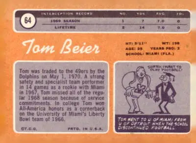 Vintage Tom Beier football trading card from 1970 Topps #64 showcasing Tom Beier