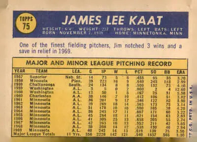 Back of 1970 Topps Jim Kaat baseball card featuring Jim Kaat baseball details