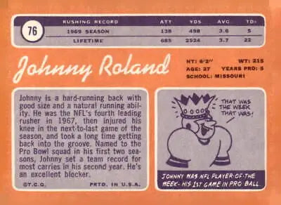Vintage Johnny Roland football card from 1970 Topps #76, a classic sports trading card