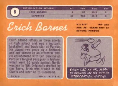 Vintage 1970 Topps Erich Barnes Cleveland Browns trading card in excellent condition
