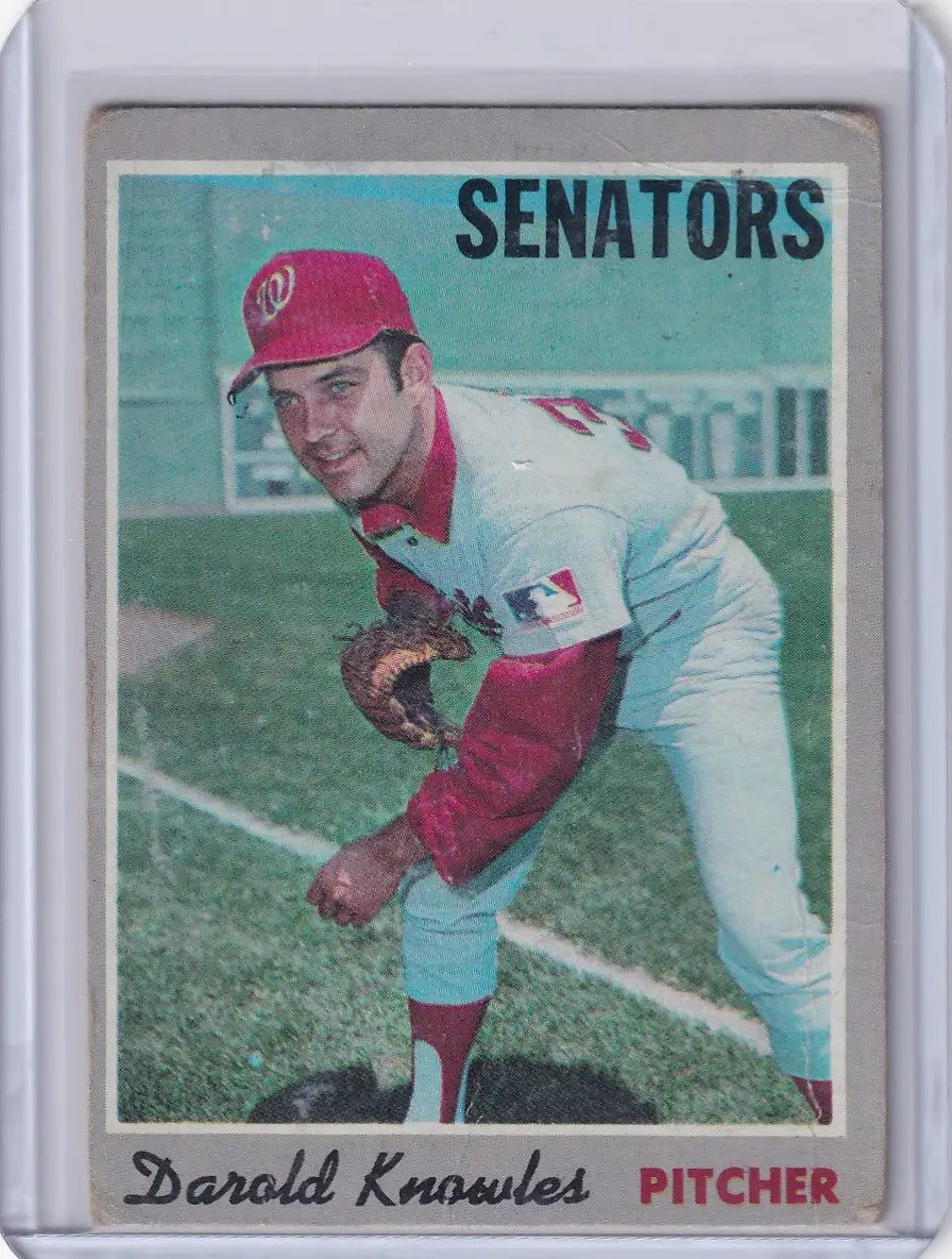 1970 Topps Baseball card of Darold Knowles, Washington Senators pitcher in throwing stance