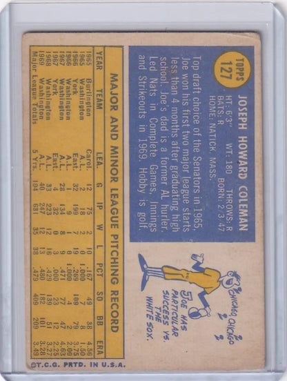Vintage Topps Baseball card of Joe Coleman featuring Washington Senators stats and illustration