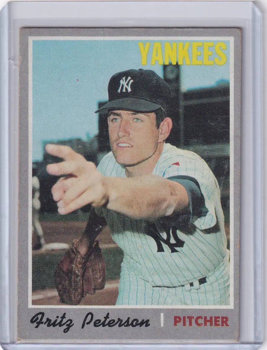 Vintage 1970 Topps Baseball card featuring Fritz Peterson of the New York Yankees in action