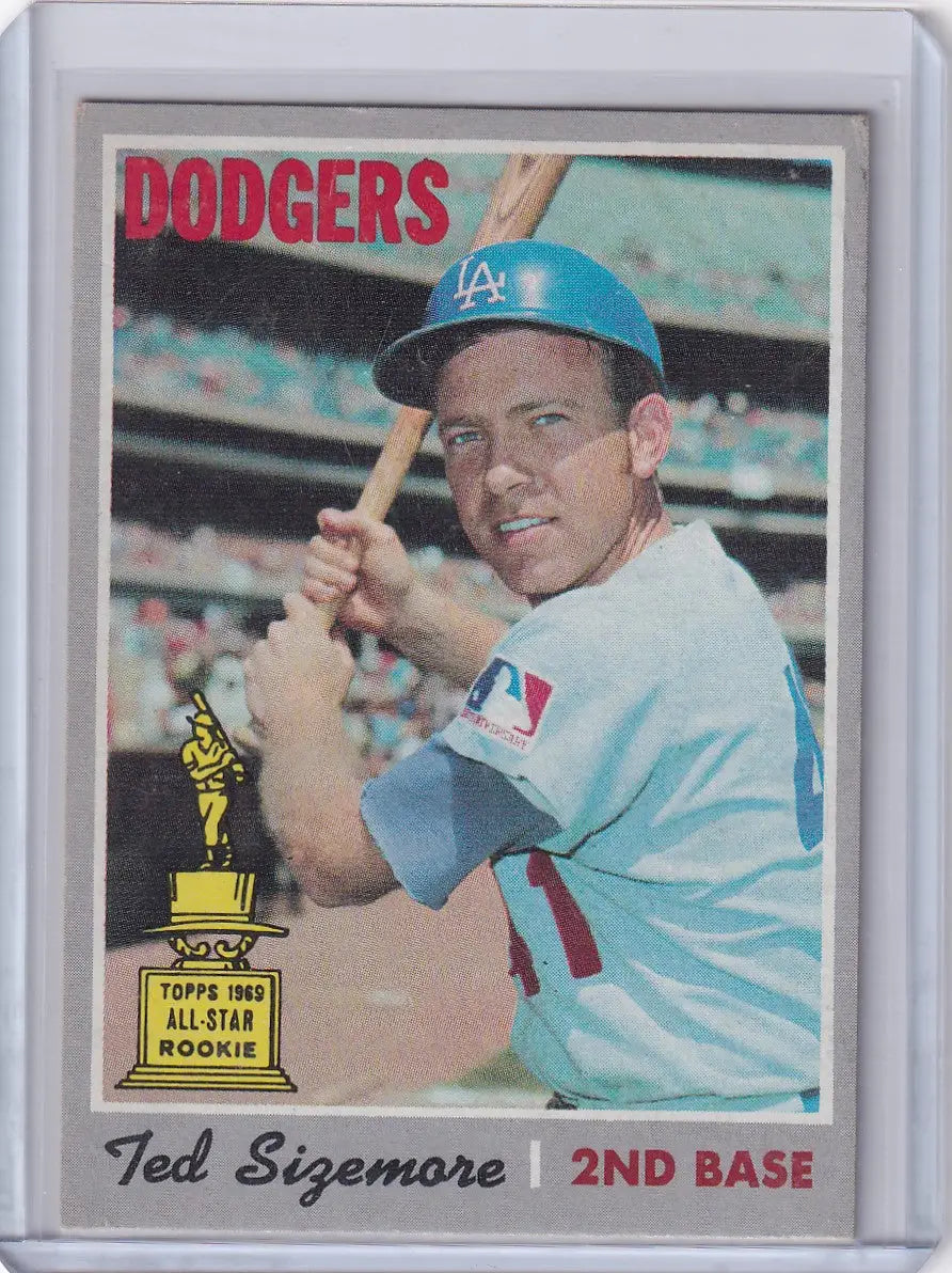 1970 Topps Baseball card of Ted Sizemore in batting stance, Los Angeles Dodgers display