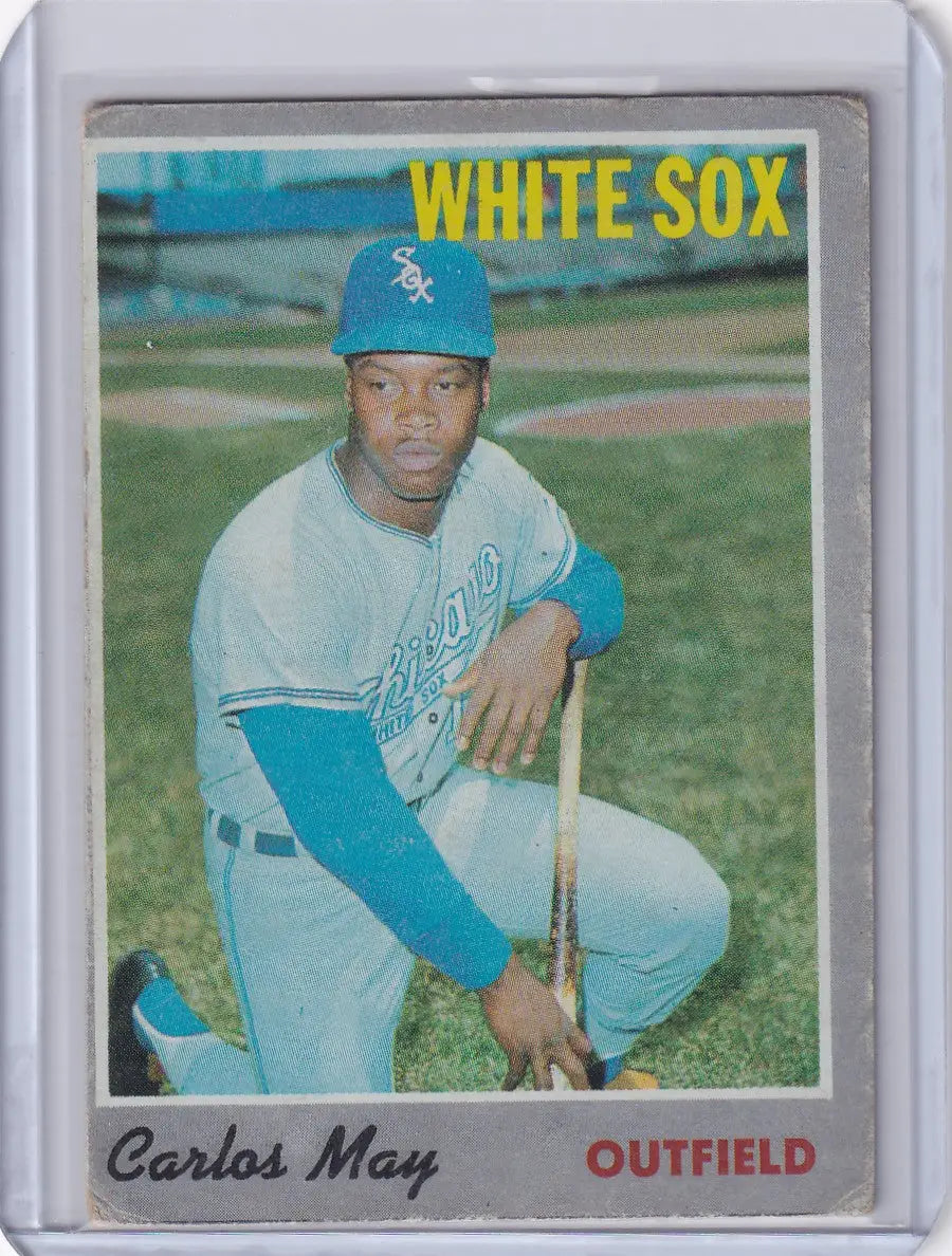 Chicago White Sox outfielder Carlos May kneeling with bat on 1970 Topps Baseball card