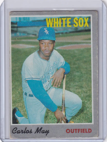 Chicago White Sox outfielder Carlos May kneeling with bat on 1970 Topps Baseball card