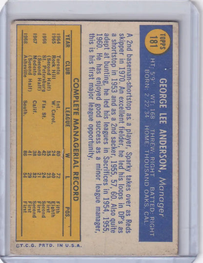 Topps Baseball card of Sparky Anderson with Cincinnati Reds stats on yellow background
