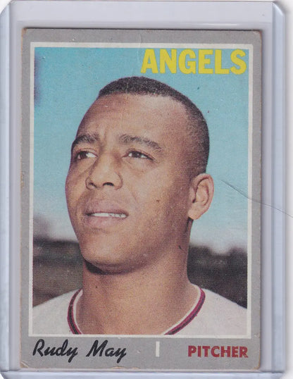 Vintage 1970 Topps Baseball #203 Rudy May California Angels trading card display