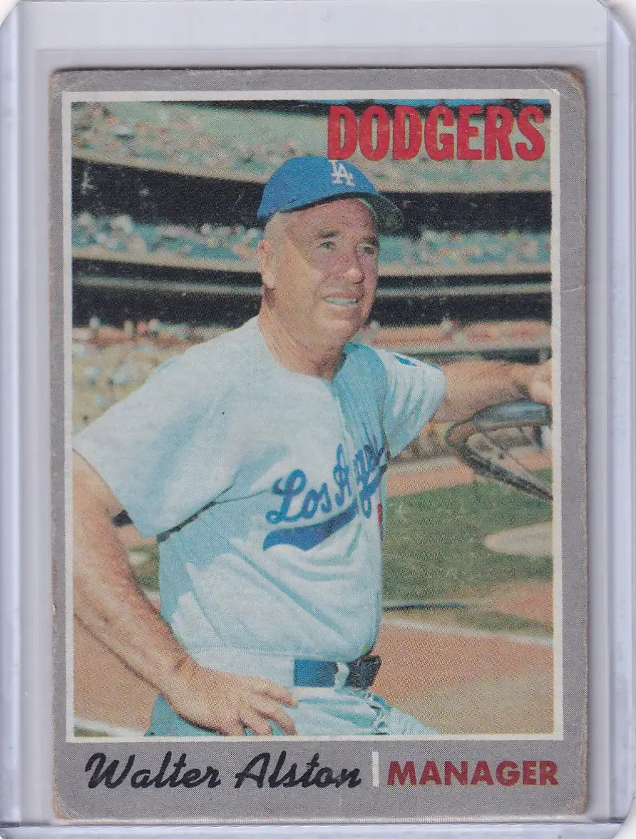 Vintage Topps Baseball card of Walt Alston, Los Angeles Dodgers manager in light blue uniform