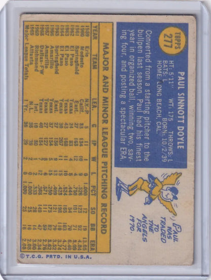 Vintage Topps Baseball card of Paul Doyle, California Angels with player stats and illustration