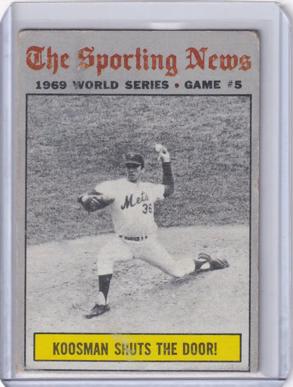 Baseball card featuring a pitcher during the 1969 World Series Game in black and white