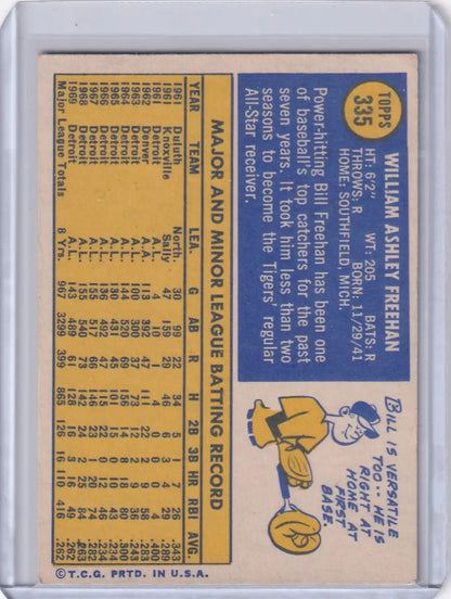 Vintage Topps Baseball card of Bill Freehan featuring Detroit Tigers player stats and illustration