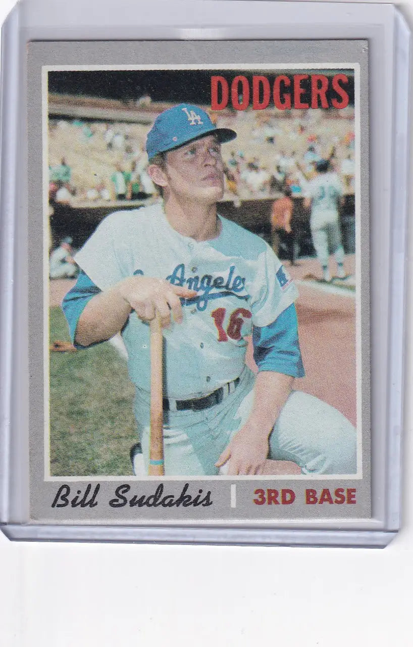 Baseball card of Bill Sudakis in light blue Dodgers uniform for Topps Baseball