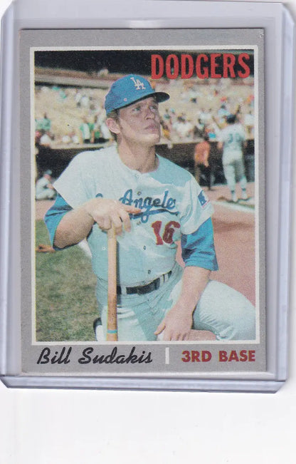 Baseball card of Bill Sudakis in light blue Dodgers uniform for Topps Baseball