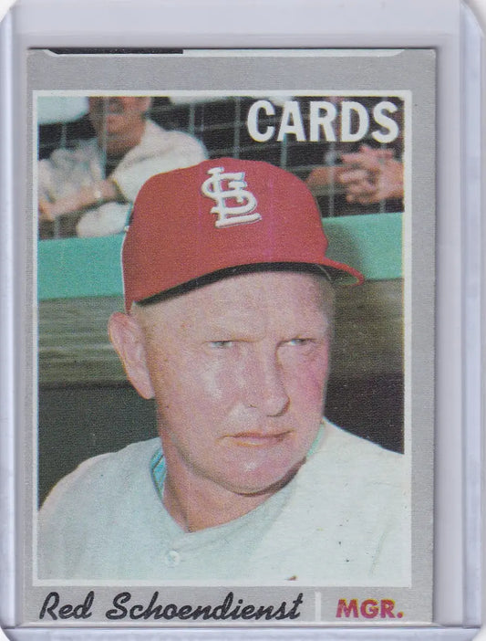 1970 Topps Baseball card of Red Schoendienst, manager of the St. Louis Cardinals