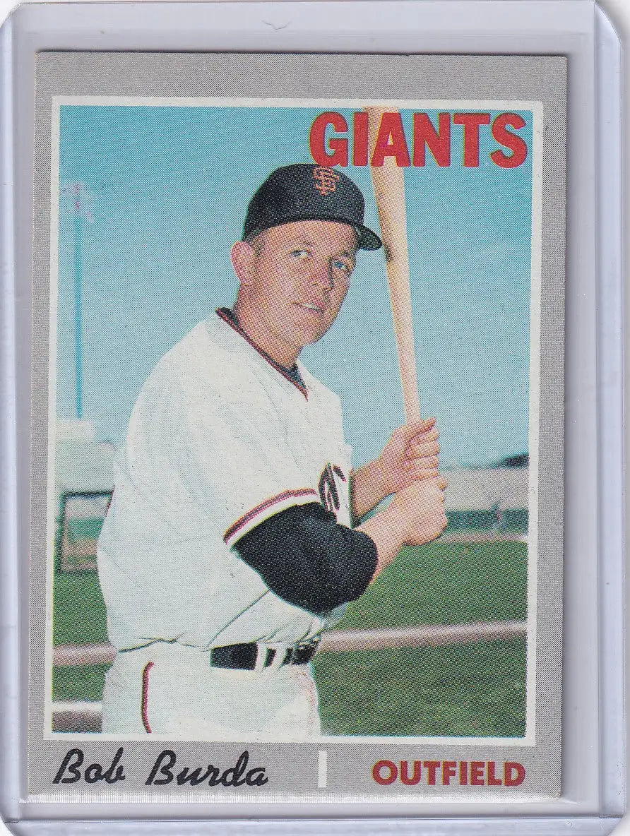 Baseball card of Bob Burda in batting stance with San Francisco Giants by Topps Baseball