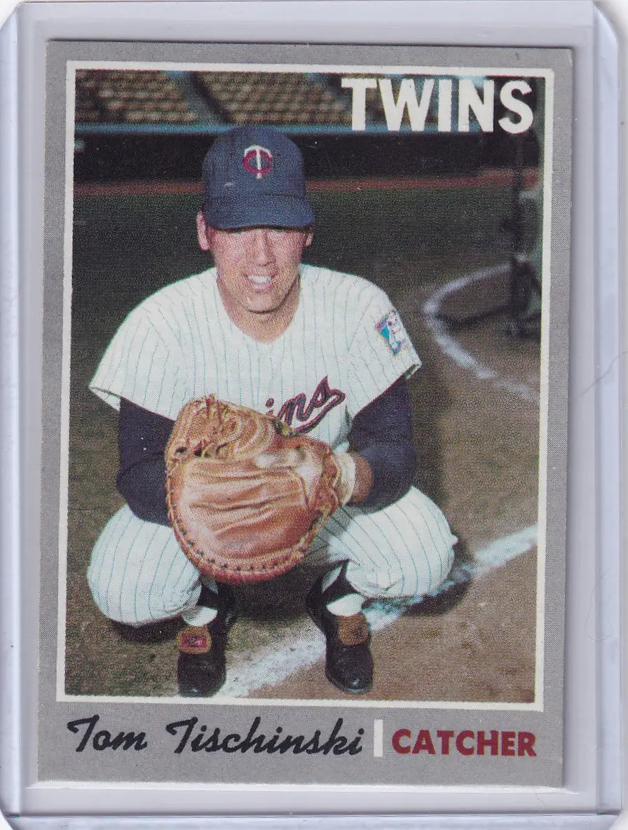 Baseball card of Tom Tischinski crouching for the Minnesota Twins in Topps Baseball