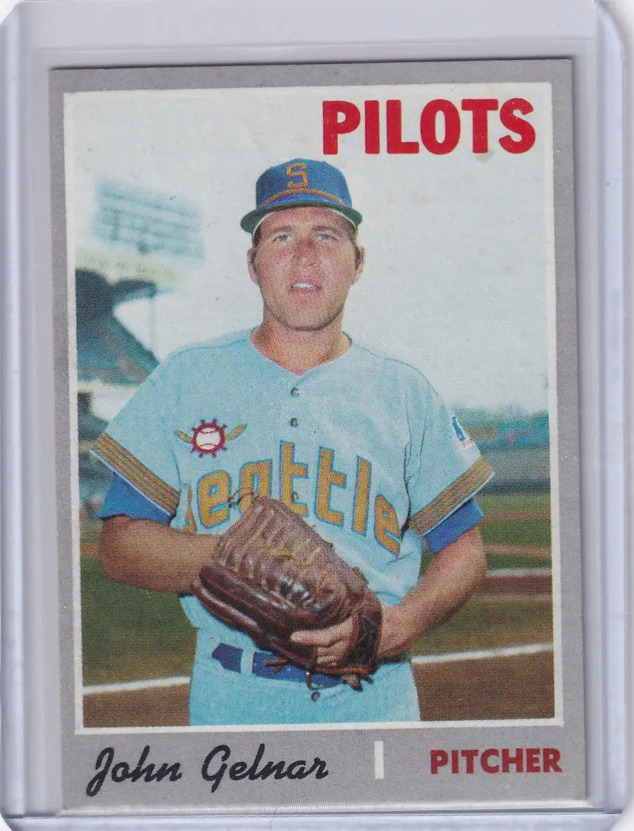 Baseball card of John Gelnar in light blue Seattle Pilots uniform by Topps Baseball