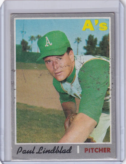 Baseball card of Paul Lindblad in green Oakland Athletics uniform from Topps Baseball