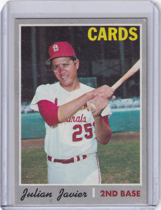 Baseball card of Julian Javier in uniform for St. Louis Cardinals by Topps Baseball