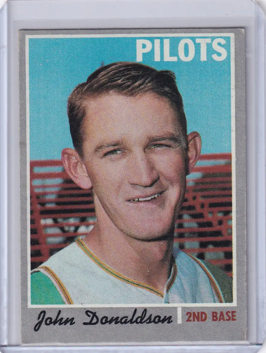 1970 Topps Baseball card of John Donaldson, smiling second baseman for Seattle Pilots