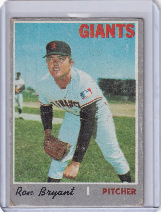 Baseball card of Ron Bryant, San Francisco Giants pitcher in white uniform on field