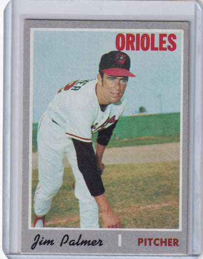 Vintage Topps Baseball card of Jim Palmer, Baltimore Orioles pitcher in white uniform