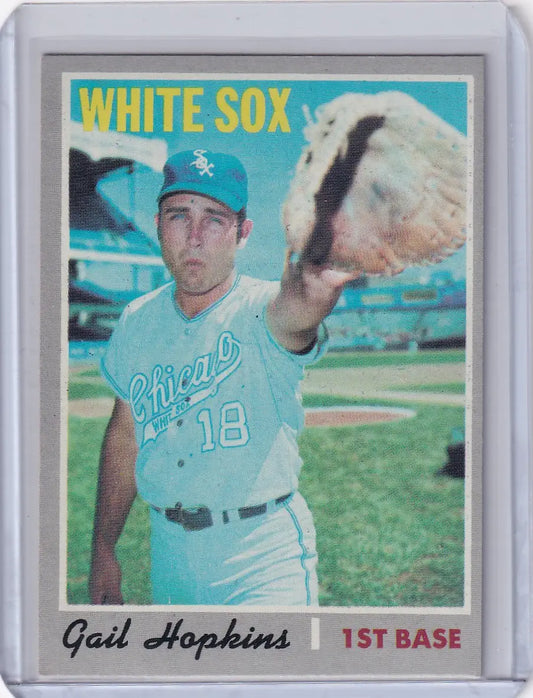 Vintage Topps Baseball card of Gail Hopkins in Chicago White Sox light blue uniform