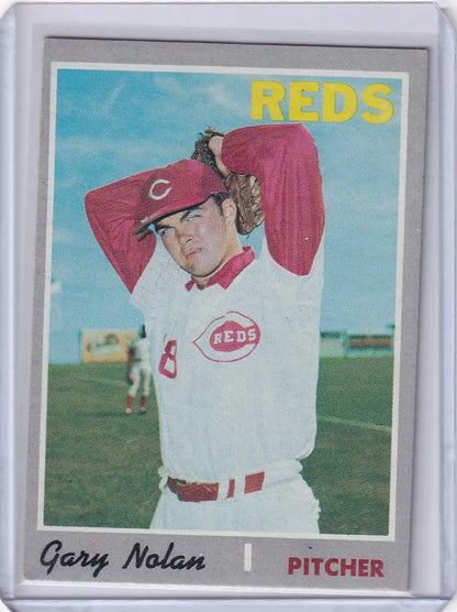 1970 Topps Baseball card of Gary Nolan in throwing pose for Cincinnati Reds