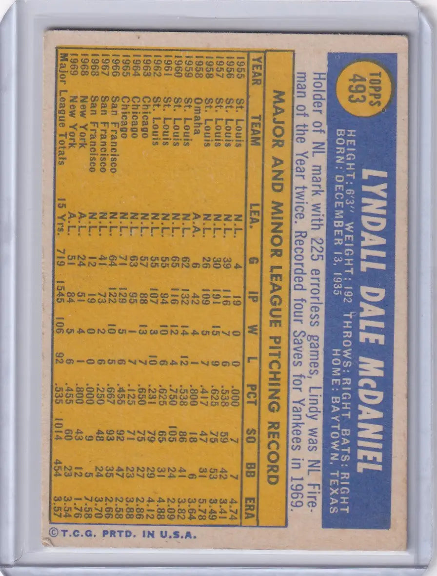 Vintage 1970 Topps Baseball card featuring Lindy McDaniel of the New York Yankees